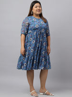 Thumbnail for Janasya Women's Blue Poly Georgette Floral Printed Casual Flared Western Dress - Distacart