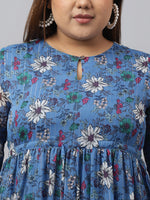 Thumbnail for Janasya Women's Blue Poly Georgette Floral Printed Casual Flared Western Dress - Distacart