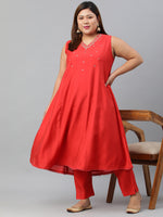 Thumbnail for Janasya XL LOVE by Janasya Women's Plus Size Red Art Silk Kurta With Pant - Distacart