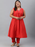 Thumbnail for Janasya XL LOVE by Janasya Women's Plus Size Red Art Silk Kurta With Pant - Distacart