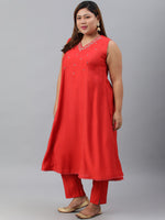 Thumbnail for Janasya XL LOVE by Janasya Women's Plus Size Red Art Silk Kurta With Pant - Distacart