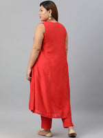 Thumbnail for Janasya XL LOVE by Janasya Women's Plus Size Red Art Silk Kurta With Pant - Distacart