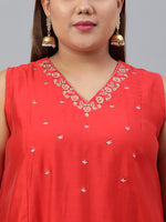 Thumbnail for Janasya XL LOVE by Janasya Women's Plus Size Red Art Silk Kurta With Pant - Distacart