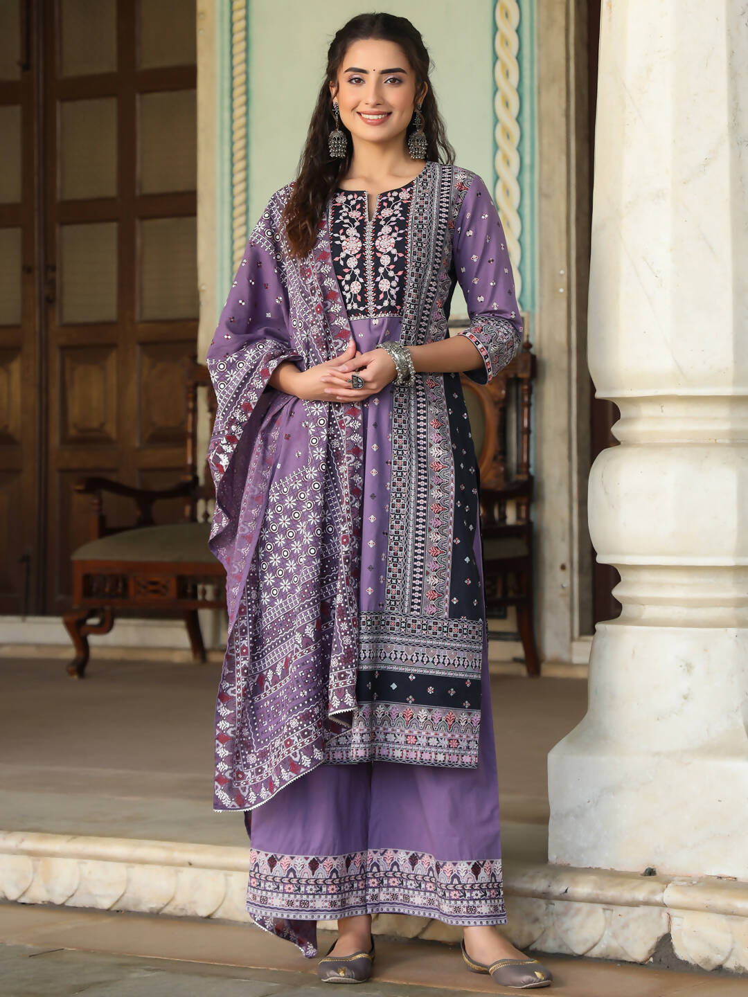 Juniper Women's Lavender Cambric Geometric Printed Mix And Match Kurta Palazzo And Dupatta Set - Distacart