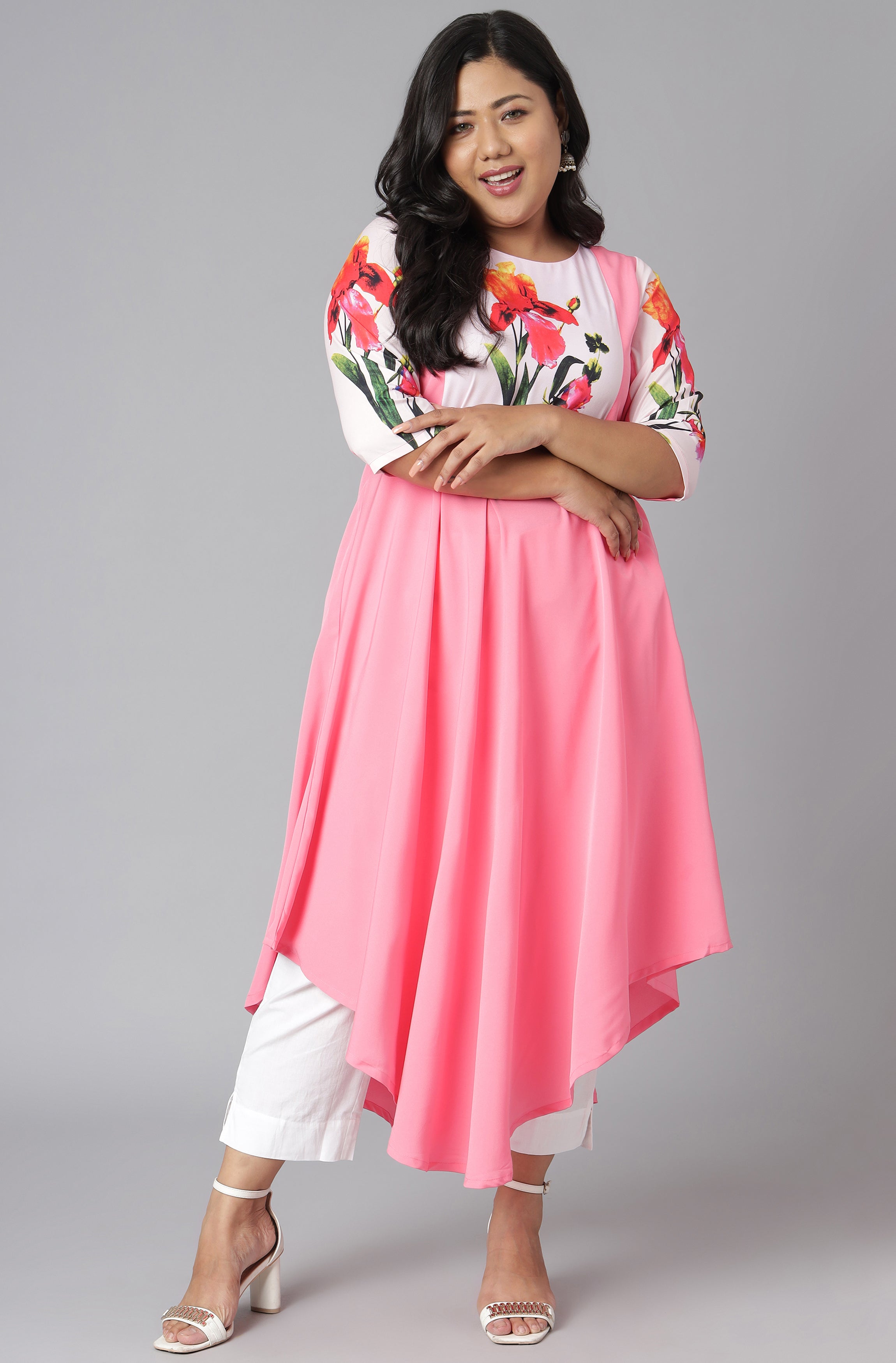 Janasya Women's Pink Poly Crepe Floral Print Casual Flared Kurta - Distacart