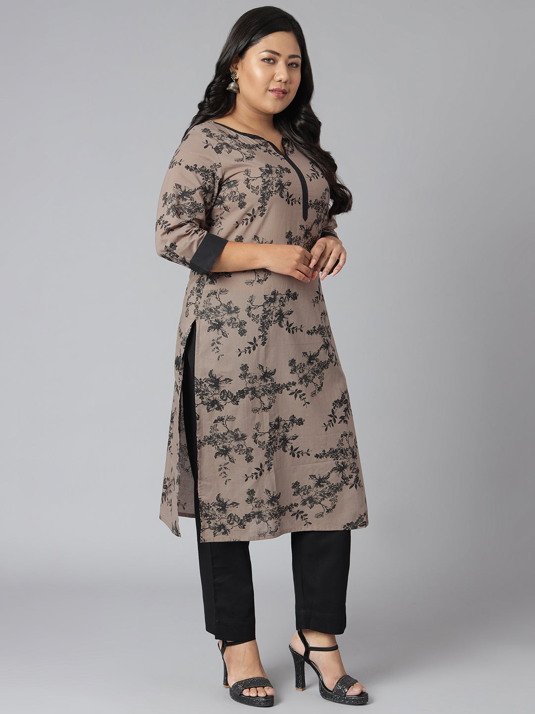 Janasya Women's Grey Cotton Floral Print Casual Straight Kurta - Distacart