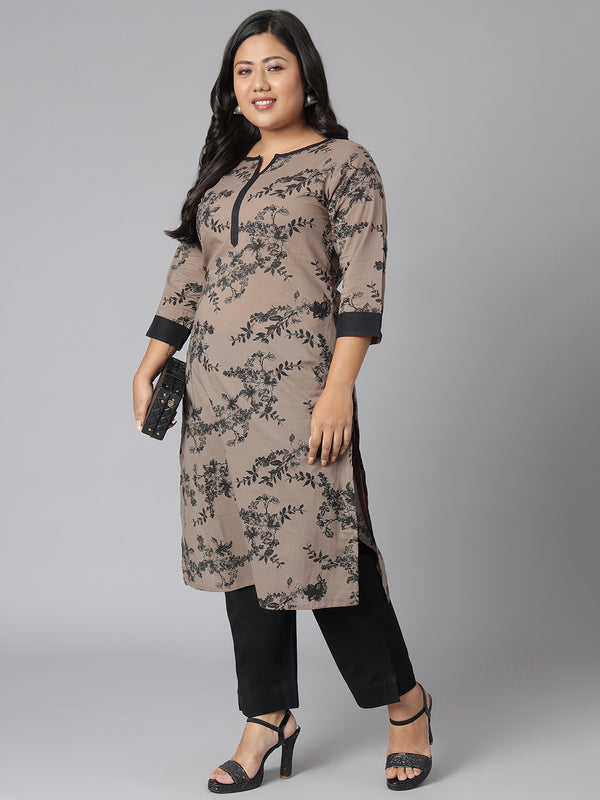 Janasya Women's Grey Cotton Floral Print Casual Straight Kurta - Distacart