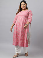 Thumbnail for Janasya Women's Pink Cotton Foil Floral Printed Casual Anarkali kurta - Distacart