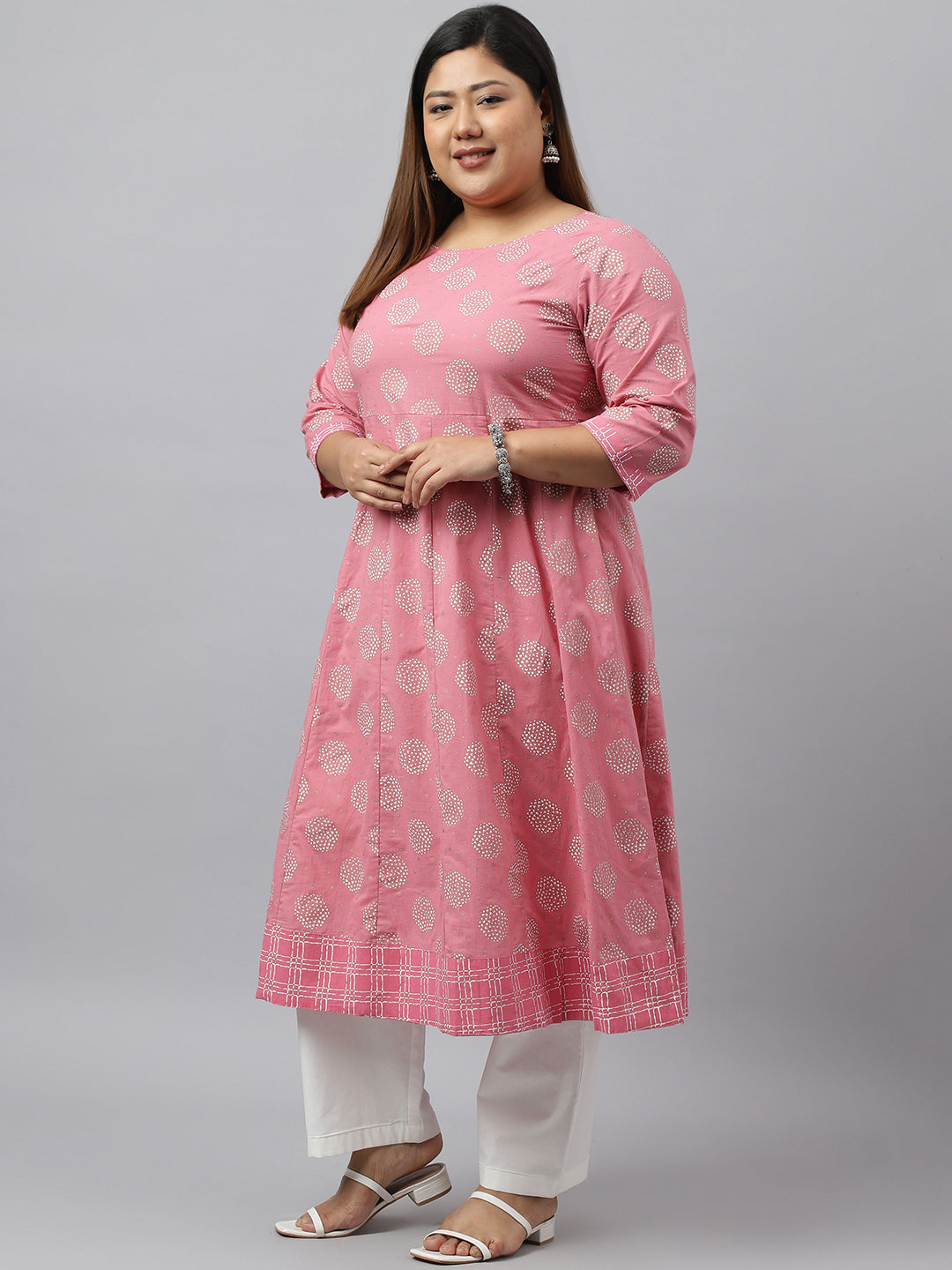 Janasya Women's Pink Cotton Foil Floral Printed Casual Anarkali kurta - Distacart