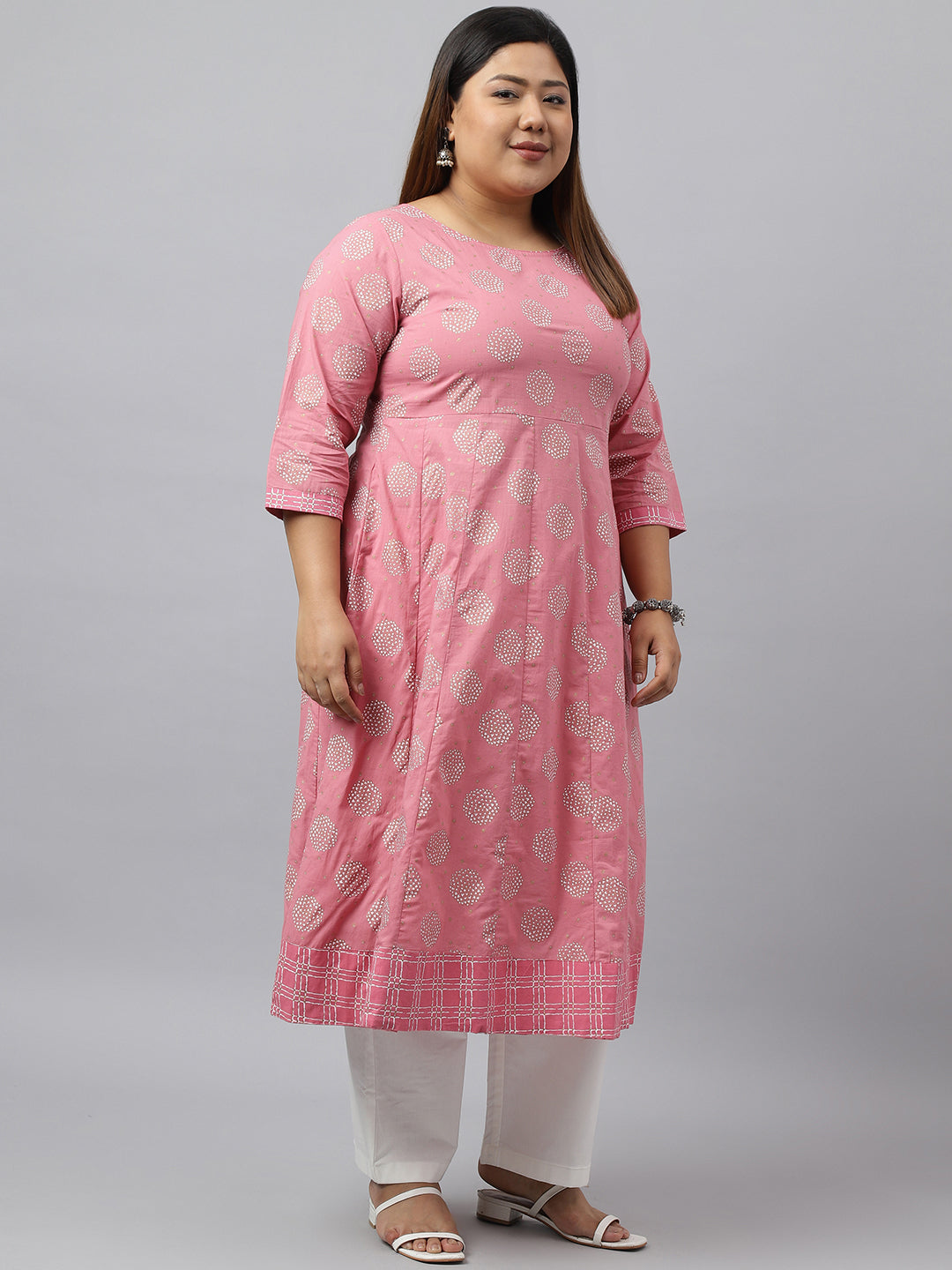 Janasya Women's Pink Cotton Foil Floral Printed Casual Anarkali kurta - Distacart