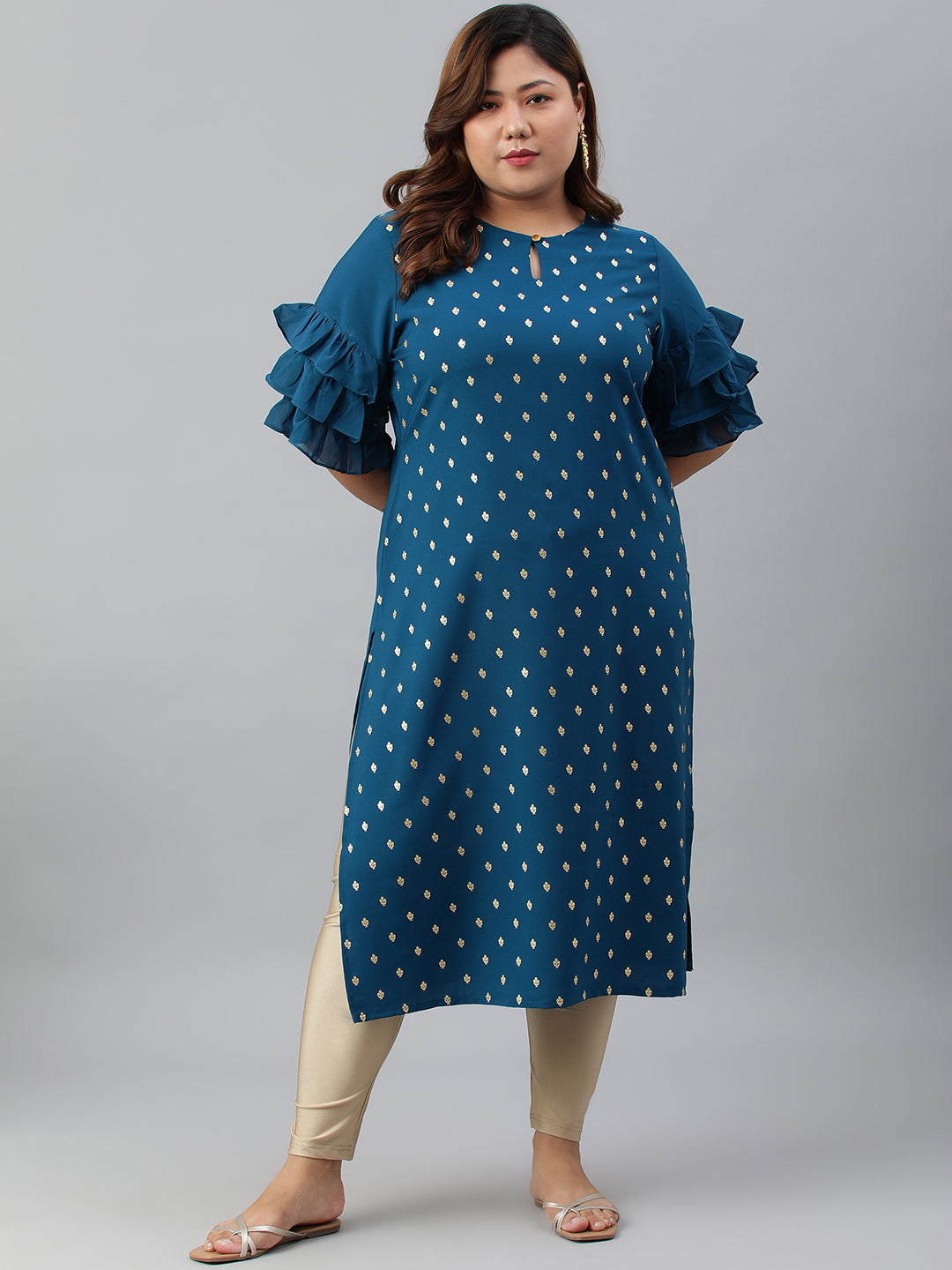 Janasya Women's Teal Poly Crepe Foil Print Casual Straight kurta - Distacart