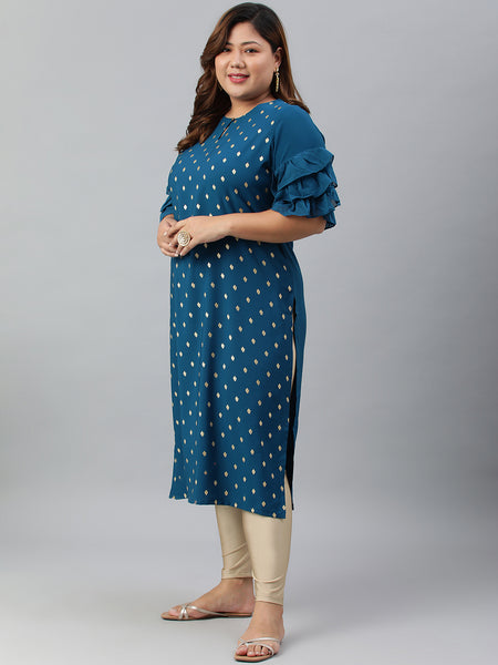 Janasya Women's Teal Poly Crepe Foil Print Casual Straight kurta - Distacart
