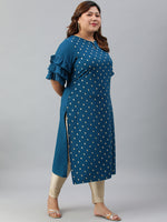 Thumbnail for Janasya Women's Teal Poly Crepe Foil Print Casual Straight kurta - Distacart