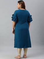 Thumbnail for Janasya Women's Teal Poly Crepe Foil Print Casual Straight kurta - Distacart