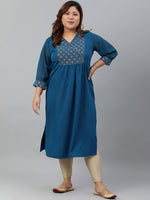 Thumbnail for Janasya Women's Teal Poly Crepe Solid Casual Straight kurta - Distacart