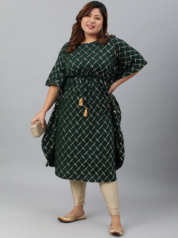 Janasya Women's Green Poly Crepe Checkered Festive & Party Kaftan kurta - Distacart