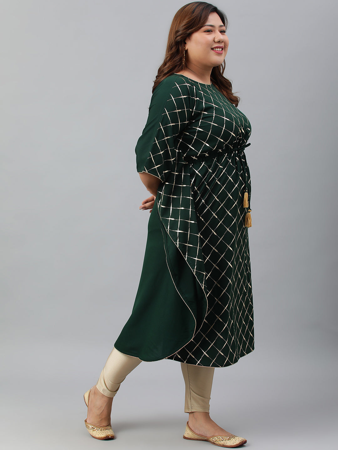 Janasya Women's Green Poly Crepe Checkered Festive & Party Kaftan kurta - Distacart