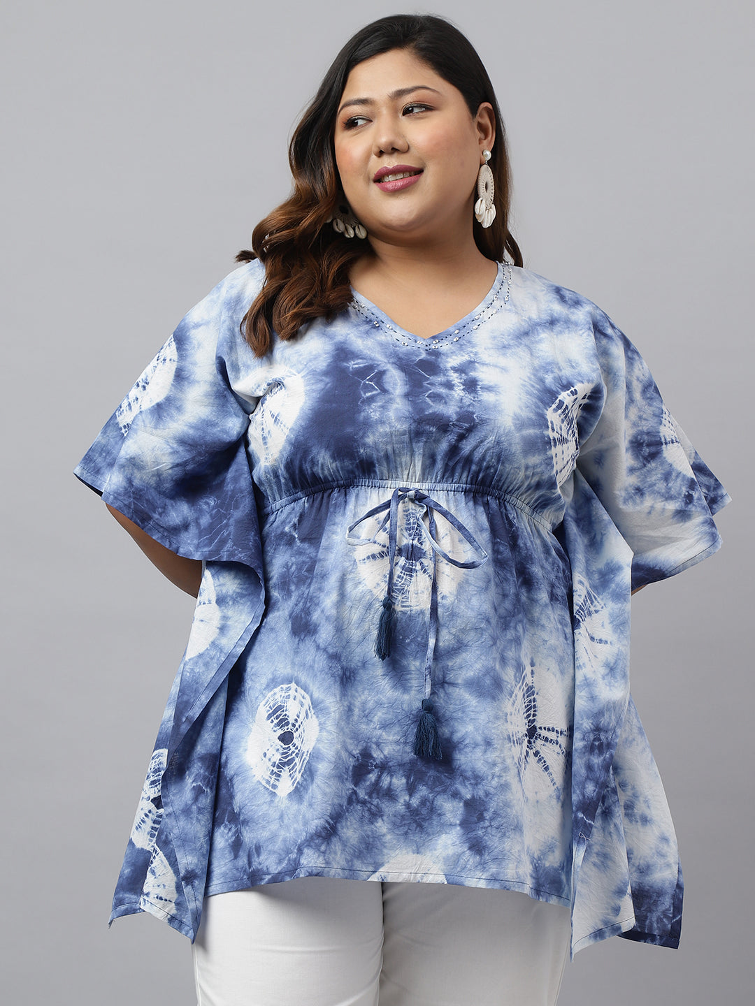 Janasya Women's Navy Blue Cotton Tie Dye Casual Kaftan Tunic - Distacart