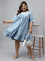 Thumbnail for Janasya Women's Light Blue Denim Yoke Embroidered Casual Flared Western Dress - Distacart