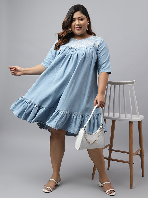 Janasya Women's Light Blue Denim Yoke Embroidered Casual Flared Western Dress - Distacart