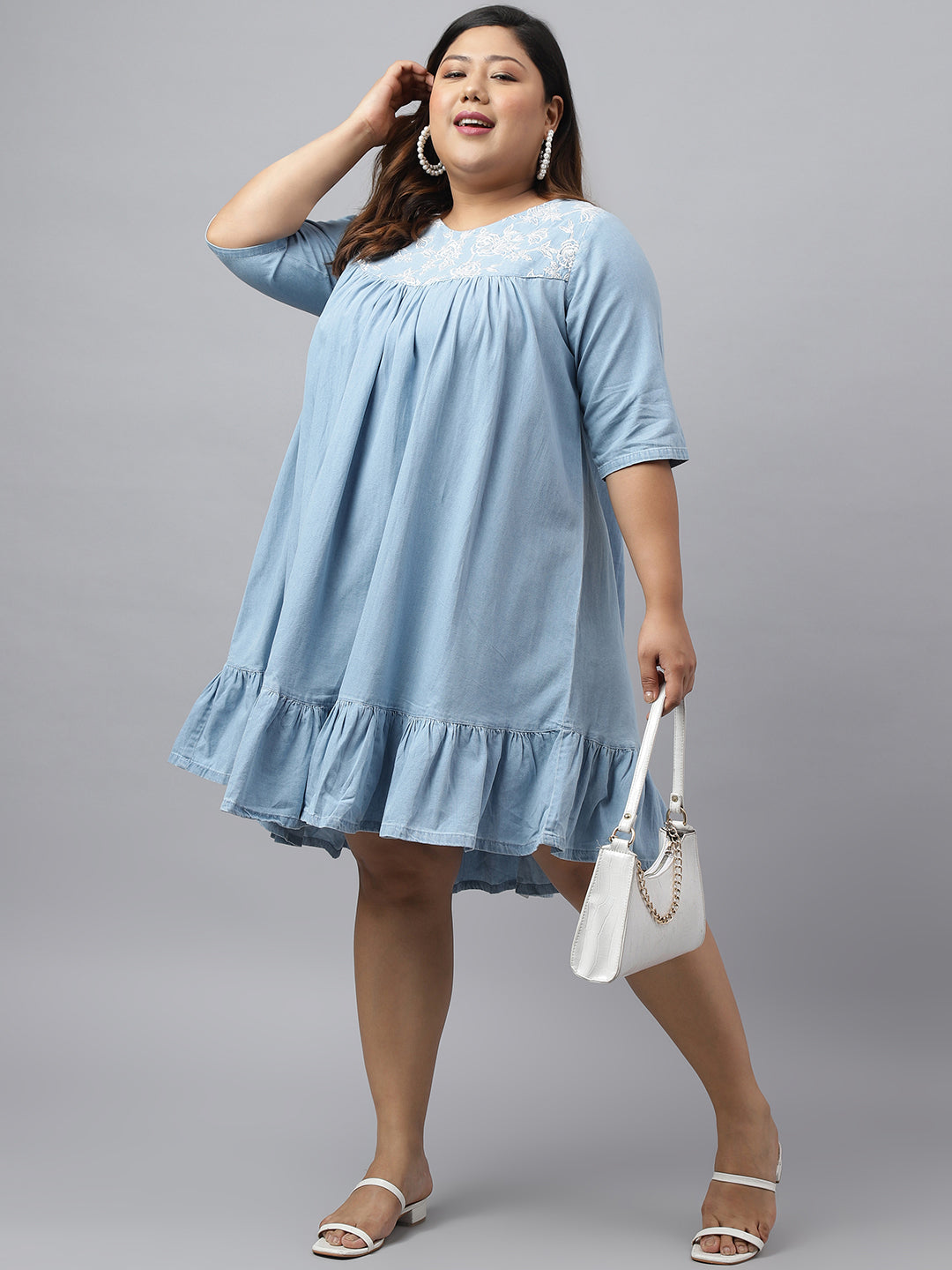 Janasya Women's Light Blue Denim Yoke Embroidered Casual Flared Western Dress - Distacart