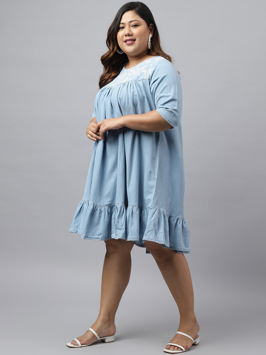 Janasya Women's Light Blue Denim Yoke Embroidered Casual Flared Western Dress - Distacart