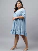 Thumbnail for Janasya Women's Light Blue Denim Yoke Embroidered Casual Flared Western Dress - Distacart