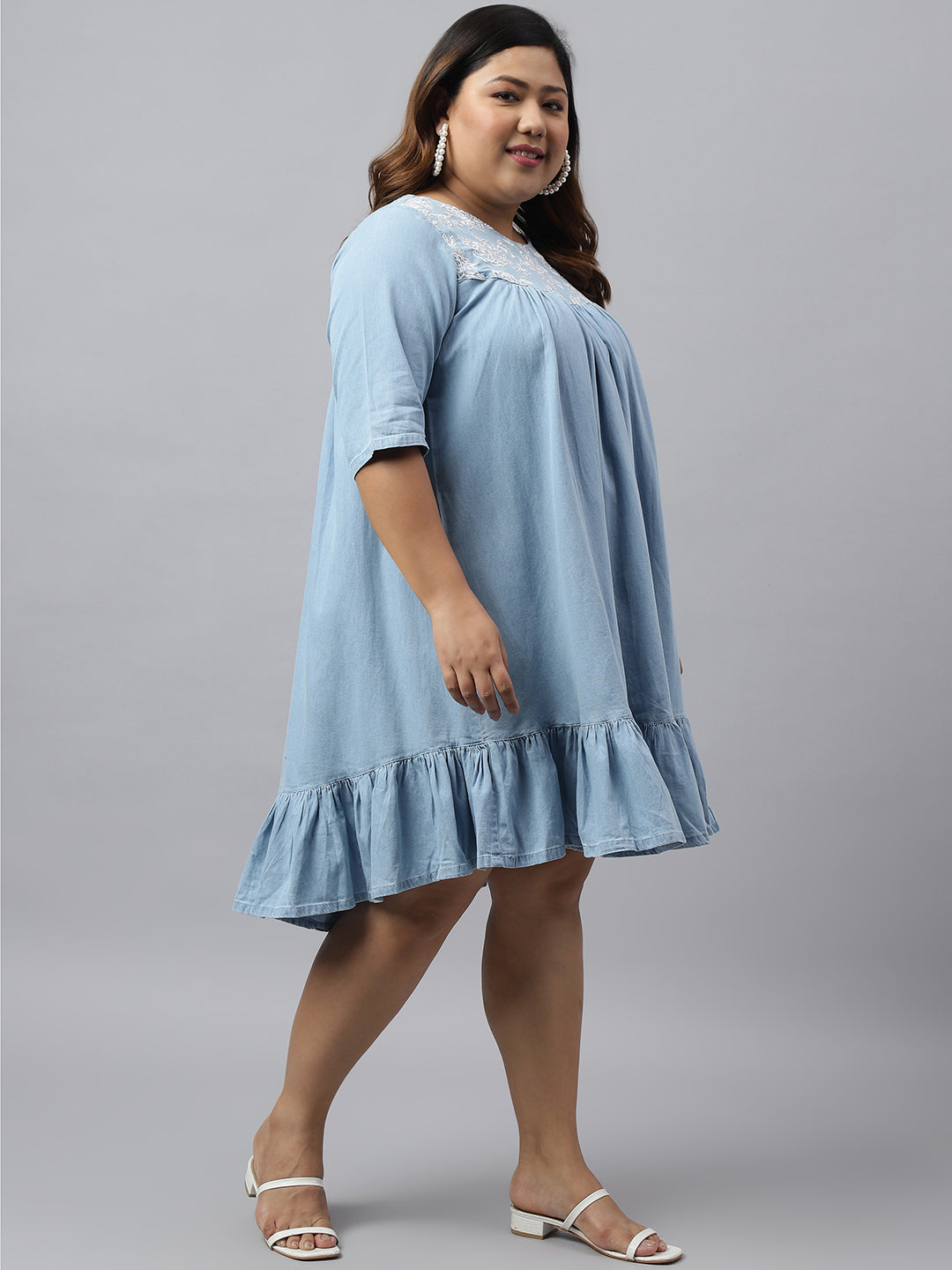 Janasya Women's Light Blue Denim Yoke Embroidered Casual Flared Western Dress - Distacart