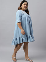 Thumbnail for Janasya Women's Light Blue Denim Yoke Embroidered Casual Flared Western Dress - Distacart