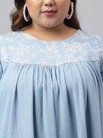 Thumbnail for Janasya Women's Light Blue Denim Yoke Embroidered Casual Flared Western Dress - Distacart