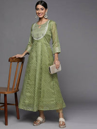 Thumbnail for Varanga Women Green & White Leheriya Embroidered Indie Prints Anarkali Kurta - Distacart