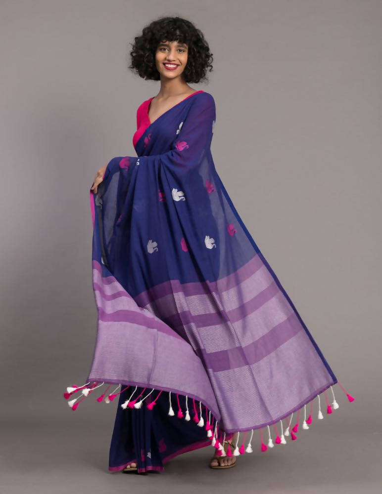 Suta Blue Pink Ethnic Motifs Handloom Cotton Woven Saree - Distacart