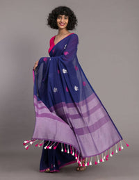 Thumbnail for Suta Blue Pink Ethnic Motifs Handloom Cotton Woven Saree - Distacart
