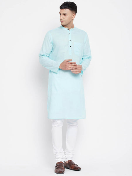 Even Apparels Pure Cotton Blue Color Men's Kurta With Band Collar - Distacart