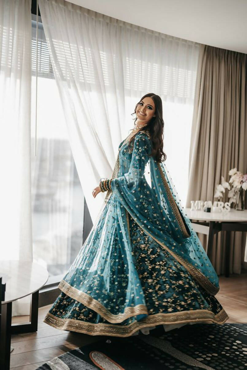Aastha Fashion Women's Teal Green Cording & Sequence Embroidery Velvet Designer Lehenga Choli - Distacart