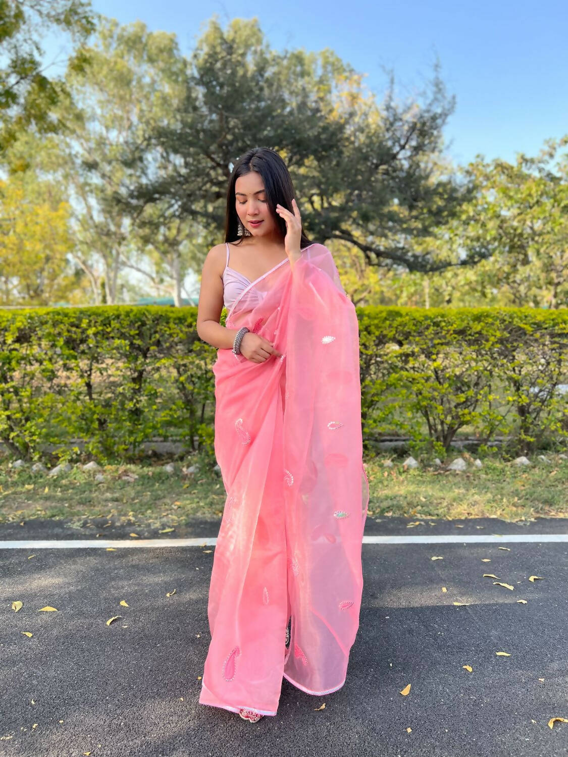 Vastrasky Pink Organza Saree - Distacart