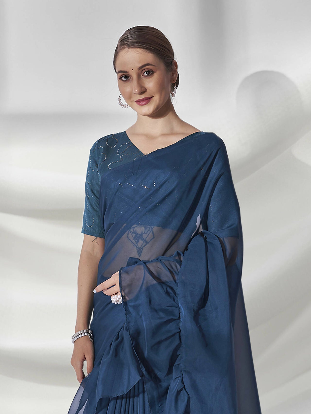 Teal Organza Solid Saree With Unstitched Blouse Piece - Shanaya - Distacart