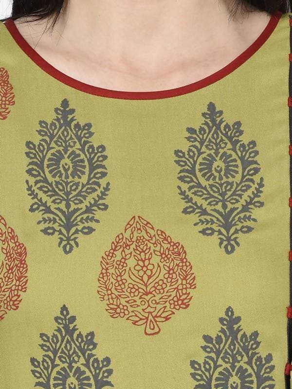 Aniyah Rayon Parrot Green Color Block Print Anarkali Kurta (AN-195K)