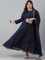 Thumbnail for Janasya XL LOVE by Janasya Women's Plus Size Navy Blue Poly Georgette Kurta and Dupatta - Distacart