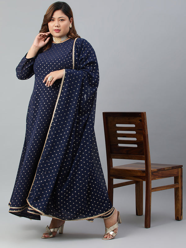 Janasya XL LOVE by Janasya Women's Plus Size Navy Blue Poly Georgette Kurta and Dupatta - Distacart