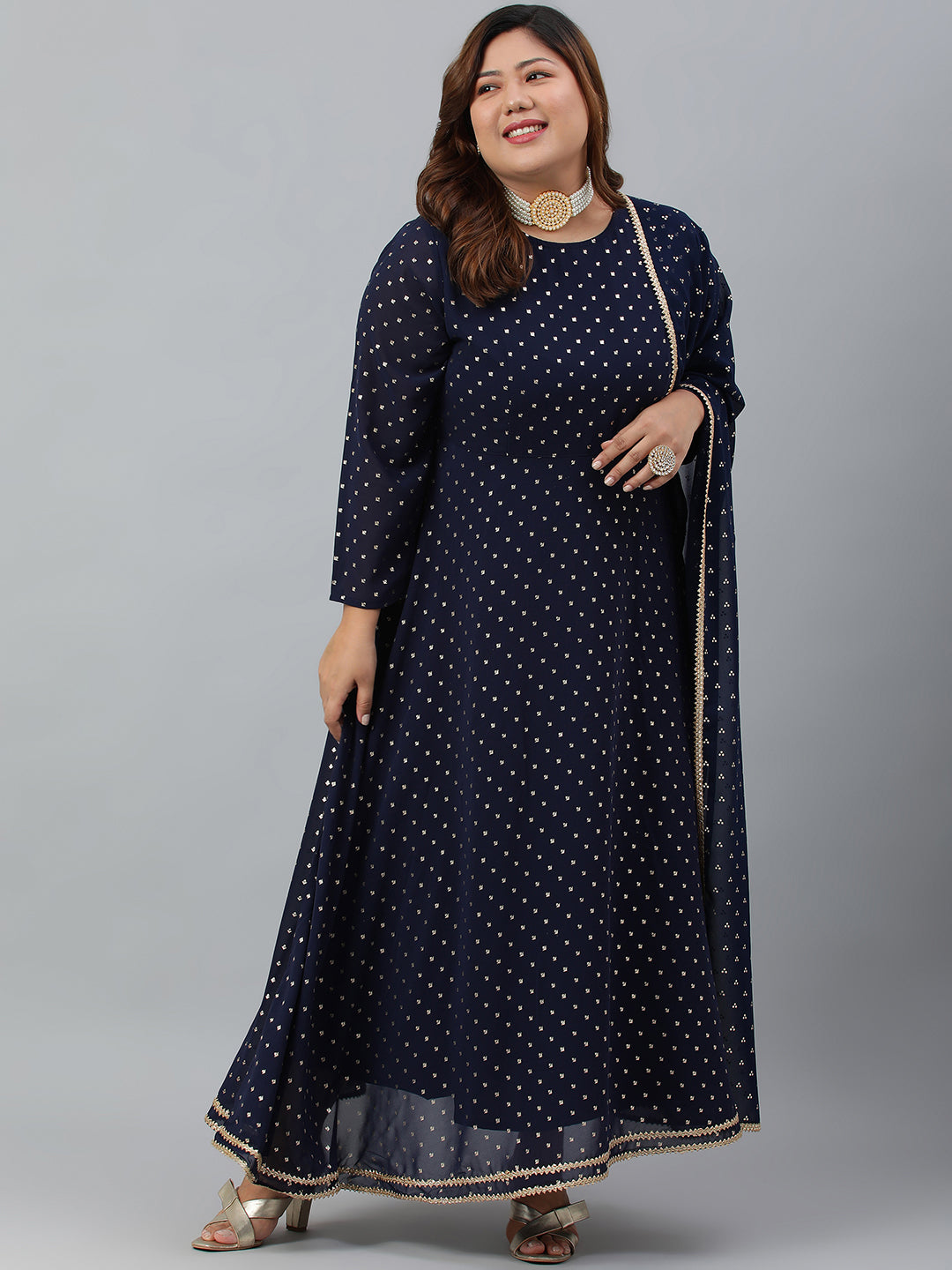Janasya XL LOVE by Janasya Women's Plus Size Navy Blue Poly Georgette Kurta and Dupatta - Distacart