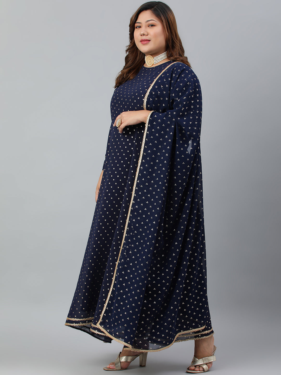 Janasya XL LOVE by Janasya Women's Plus Size Navy Blue Poly Georgette Kurta and Dupatta - Distacart