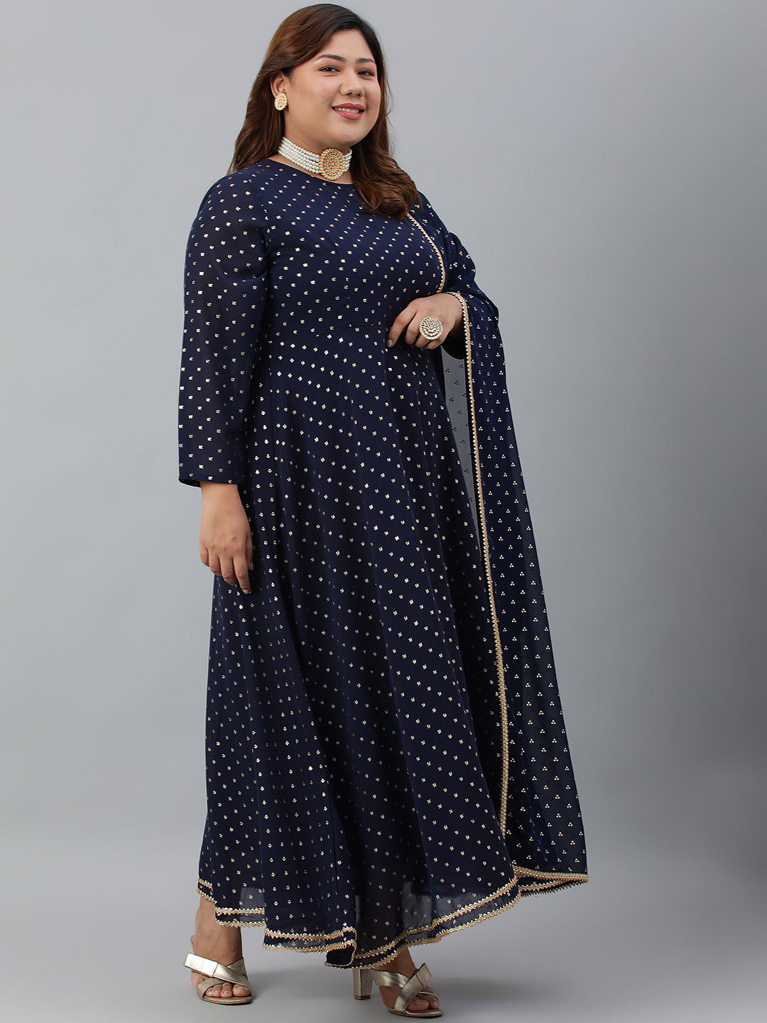 Janasya XL LOVE by Janasya Women's Plus Size Navy Blue Poly Georgette Kurta and Dupatta - Distacart