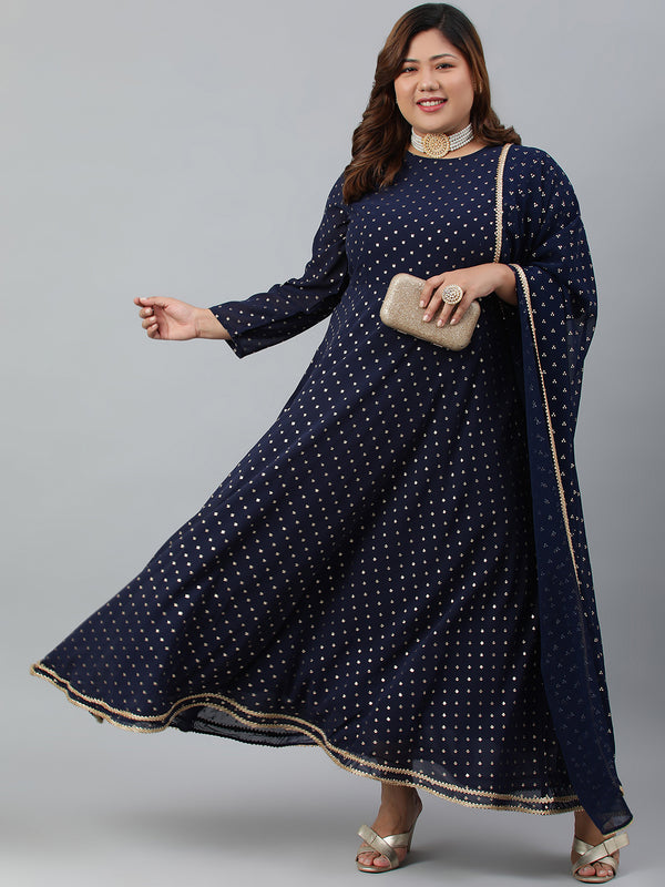 Janasya XL LOVE by Janasya Women's Plus Size Navy Blue Poly Georgette Kurta and Dupatta - Distacart