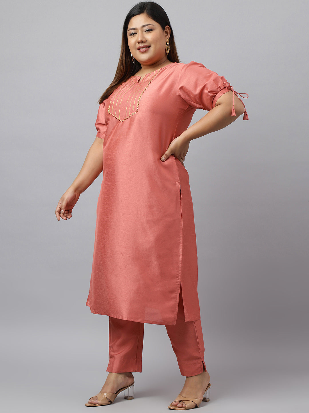 Janasya Women's Peach Poly Silk Straight Festive Kurta Set - Distacart