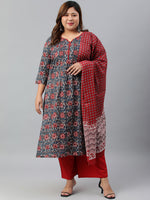 Thumbnail for Janasya XL LOVE by Janasya Women's Plus Size Grey Cotton Kurta With Palazzo and Dupatta - Distacart