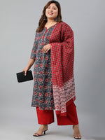 Thumbnail for Janasya XL LOVE by Janasya Women's Plus Size Grey Cotton Kurta With Palazzo and Dupatta - Distacart