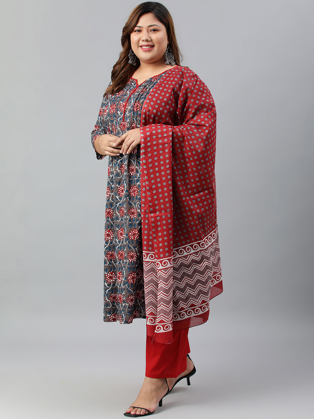 Janasya XL LOVE by Janasya Women's Plus Size Grey Cotton Kurta With Palazzo and Dupatta - Distacart