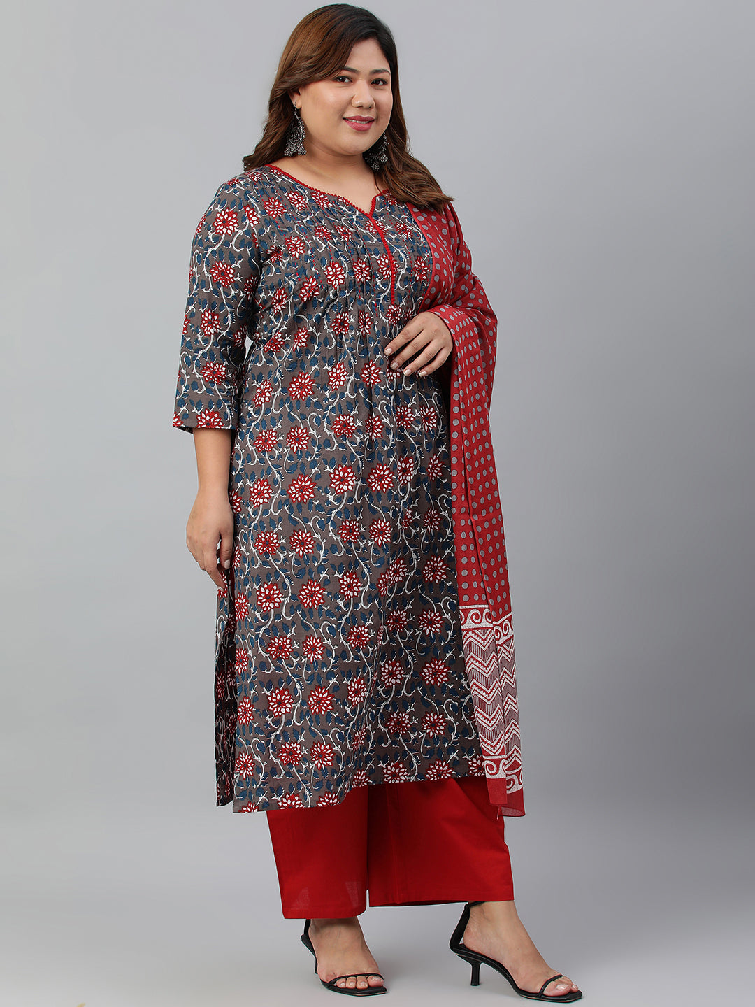 Janasya XL LOVE by Janasya Women's Plus Size Grey Cotton Kurta With Palazzo and Dupatta - Distacart