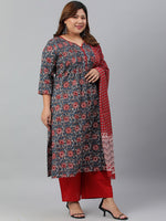 Thumbnail for Janasya XL LOVE by Janasya Women's Plus Size Grey Cotton Kurta With Palazzo and Dupatta - Distacart